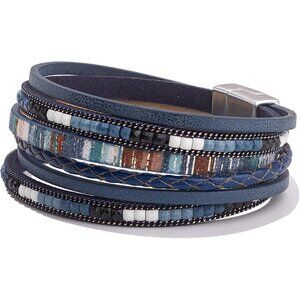 Boho Leather Wrap Bracelet Faux Leather Navy Blue Multi-Strand Jewelry Gifts